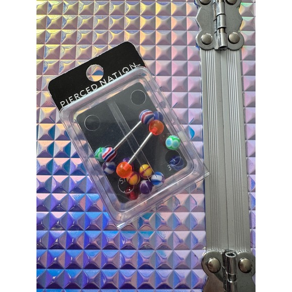 Pierced Nation Tongue Rings w/ Striped Colorful Balls Body Jewelry - Picture 1 of 4